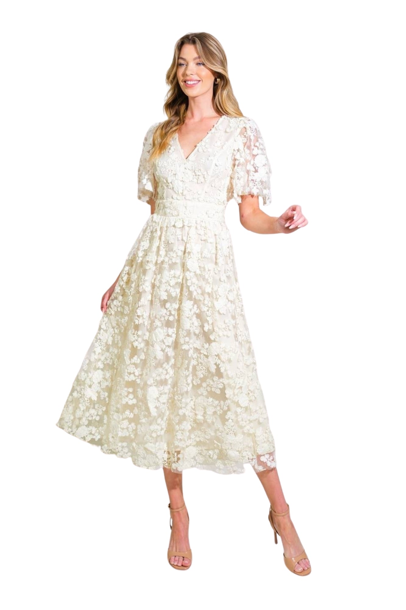 DREAMY BLOSSOM WOVEN LACE MIDI DRESS