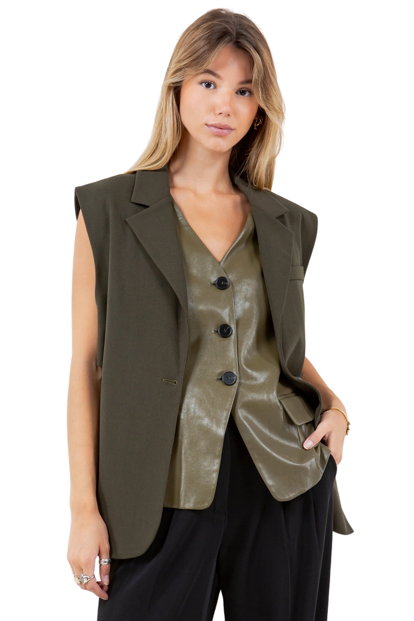 PU CONTRASTED DOUBLE LAYER LINE VEST