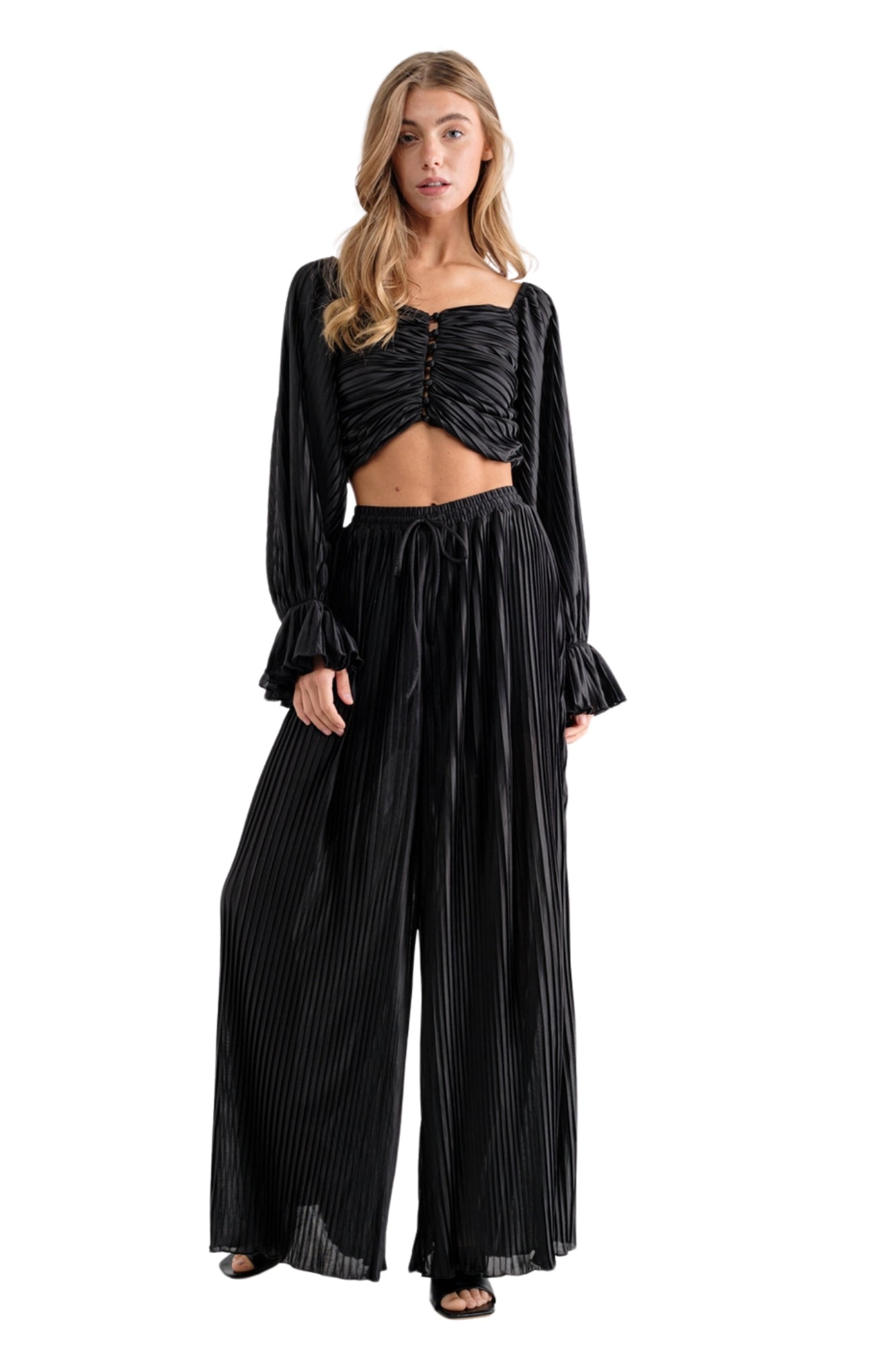 PLEATED BLOUSE WITH PANT SET - BLACK