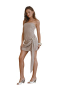 WOVEN DRAPED TUBE DRESS WITH LOOP TRIM