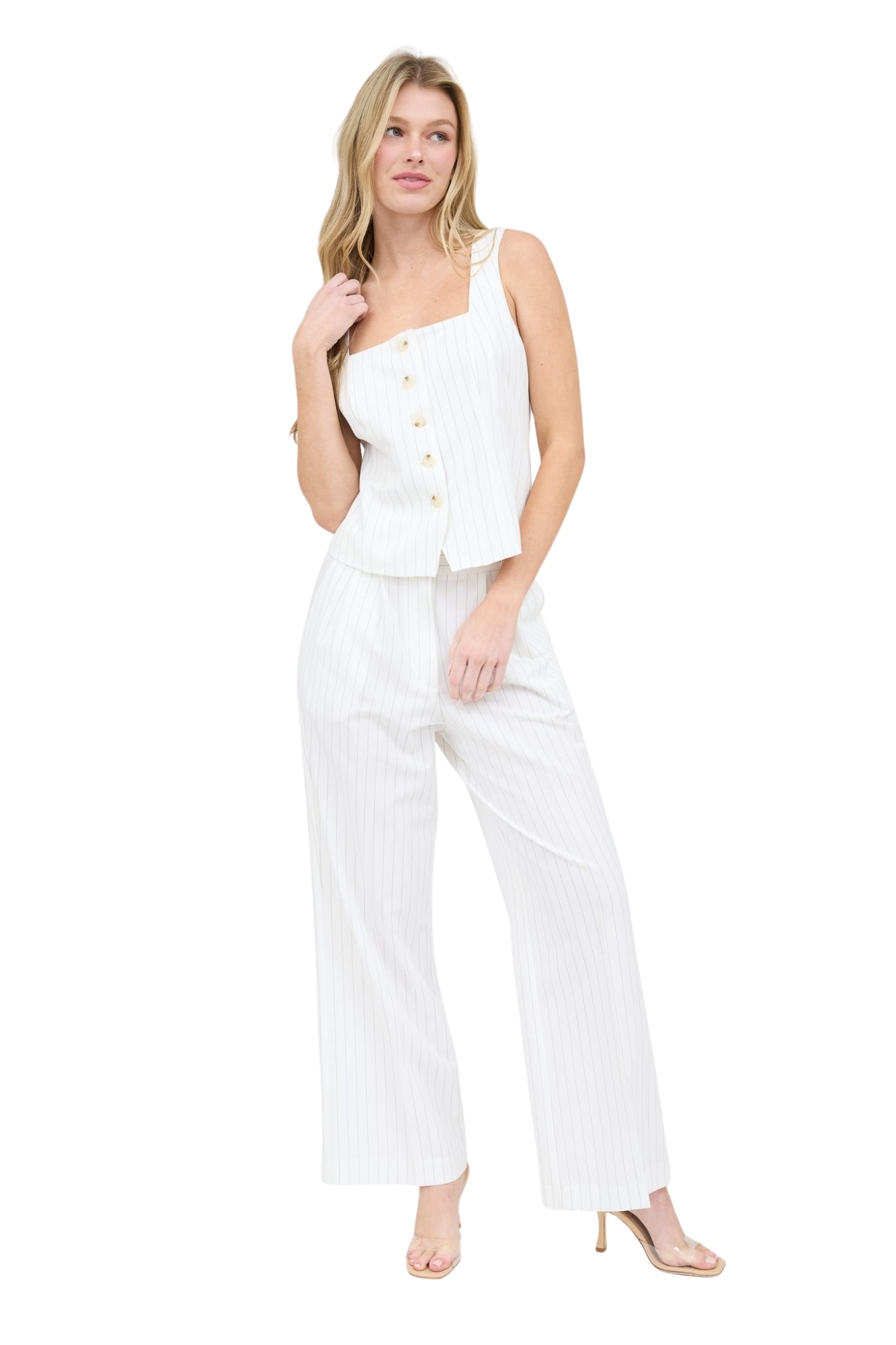 PINSTRIPE SQUARE NECK TOP & PLEATED WIDE LEG PANTS SET