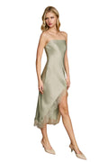 DULL SATIN STRAPLESS LACE HEM MIDI DRES
