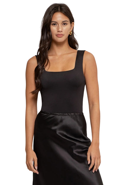 REVERSIBLE SQUARE NECK KNIT TANK BODYSUIT - BLACK