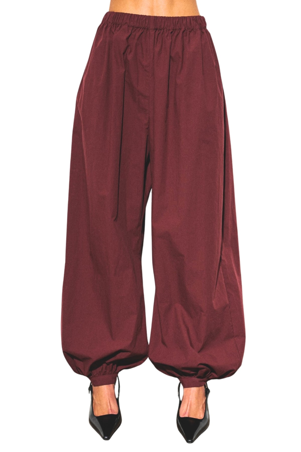 WOVEN DRAPED BALLOON HAREM PANTS - BURGUNDY