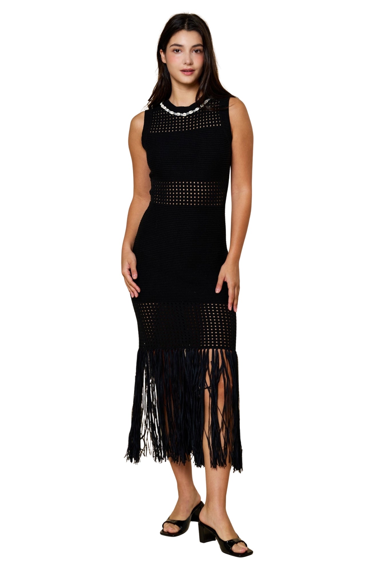 FRINGE KNIT MIDI DRESS - BLACK