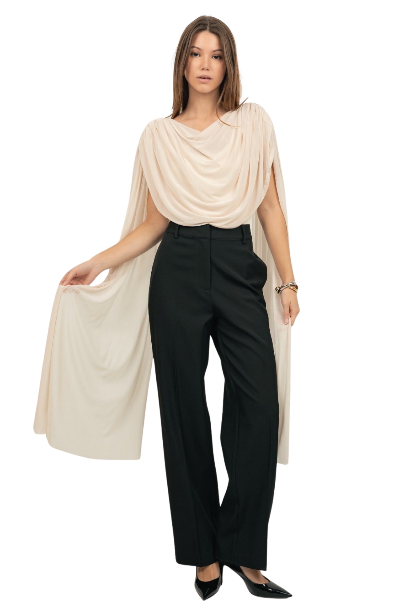 KNITTED BODYSUIT WITH CONTRAST MESH DRAPE CAPE