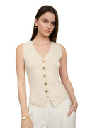 SEAMLESS GOLD BUTTON DOWN KNIT CARDIGAN VEST - CREAM