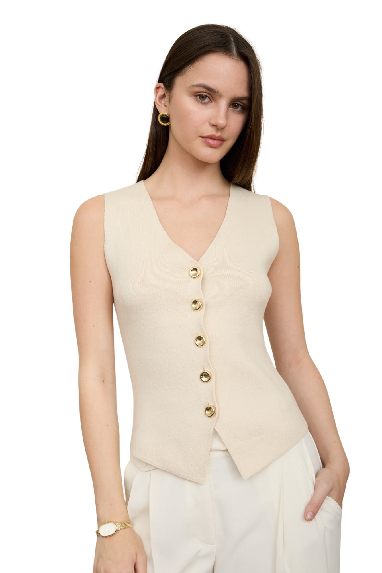 SEAMLESS GOLD BUTTON DOWN KNIT CARDIGAN VEST - CREAM