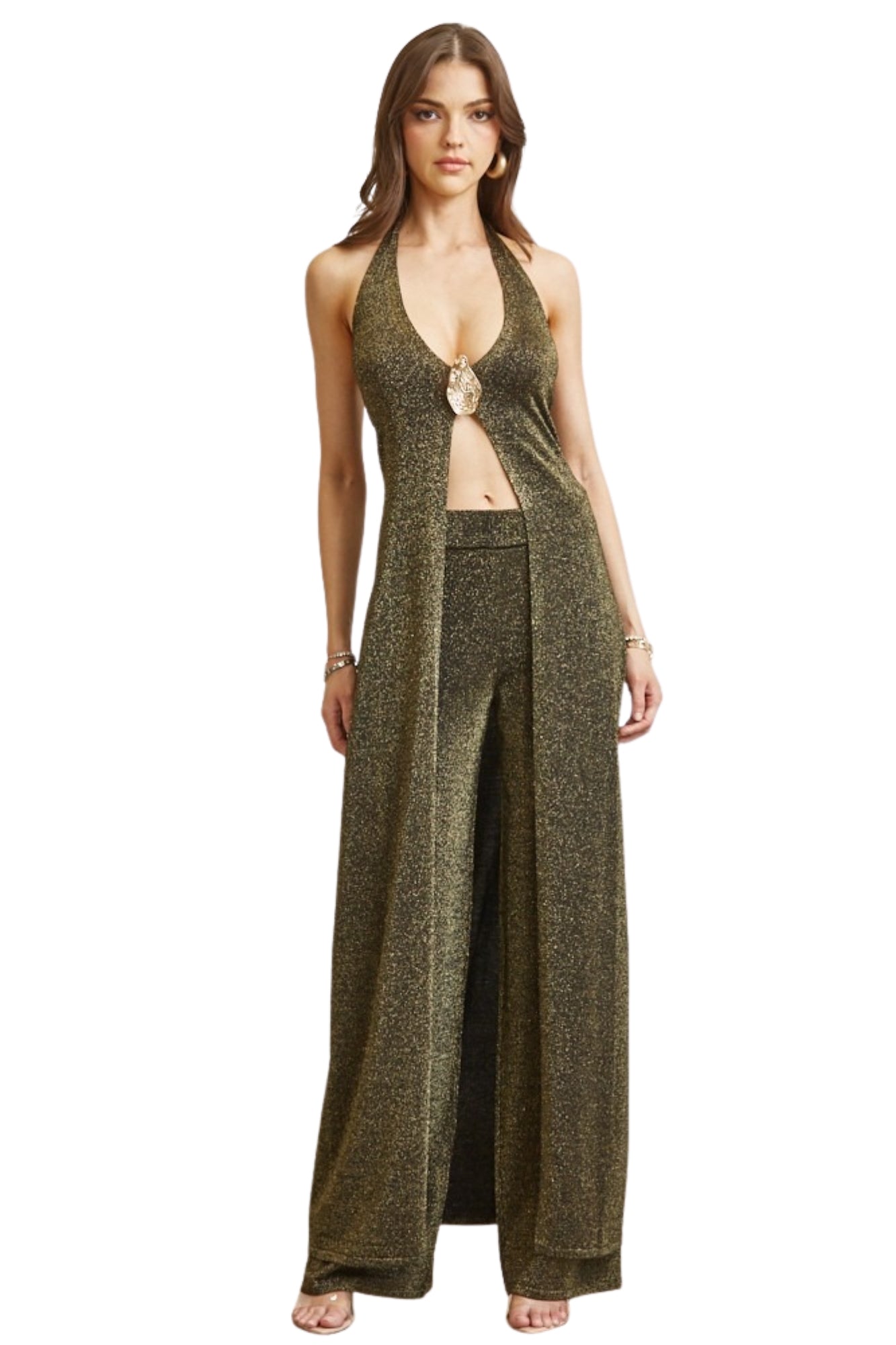 LUREX HALTER MAXI TOP & PANTS SET - BLACK/GOLD