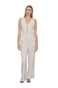 V-NECK VEST & STRAIGHT LEG PANTS LINEN SET - LIGHT KHAKI