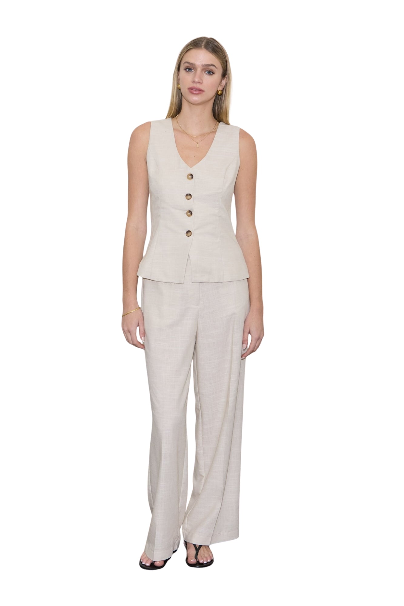 V-NECK VEST & STRAIGHT LEG PANTS LINEN SET - LIGHT KHAKI