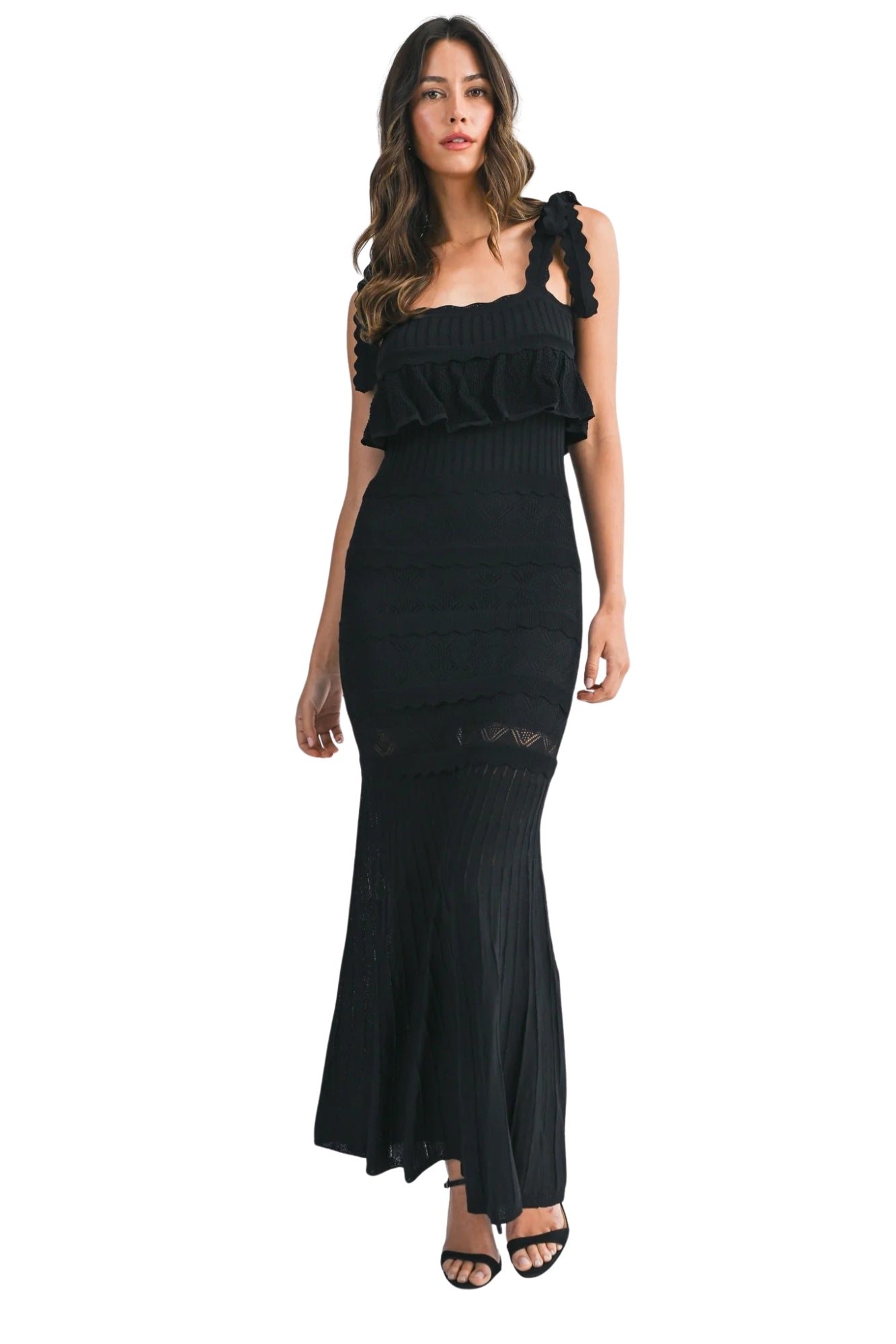 POINTELLE RUFFLE KNIT MAXI DRESS