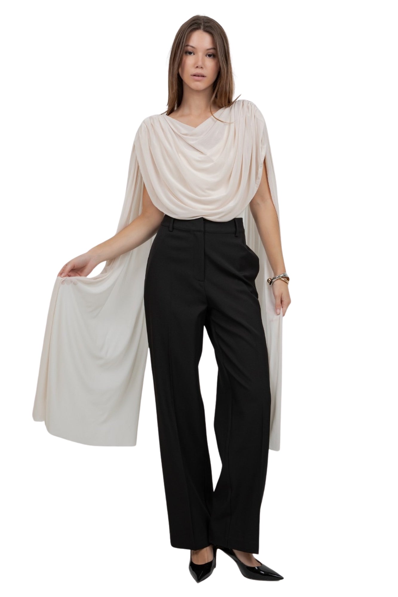 KNITTED BODYSUIT WITH CONTRAST MESH DRAPE CAPE