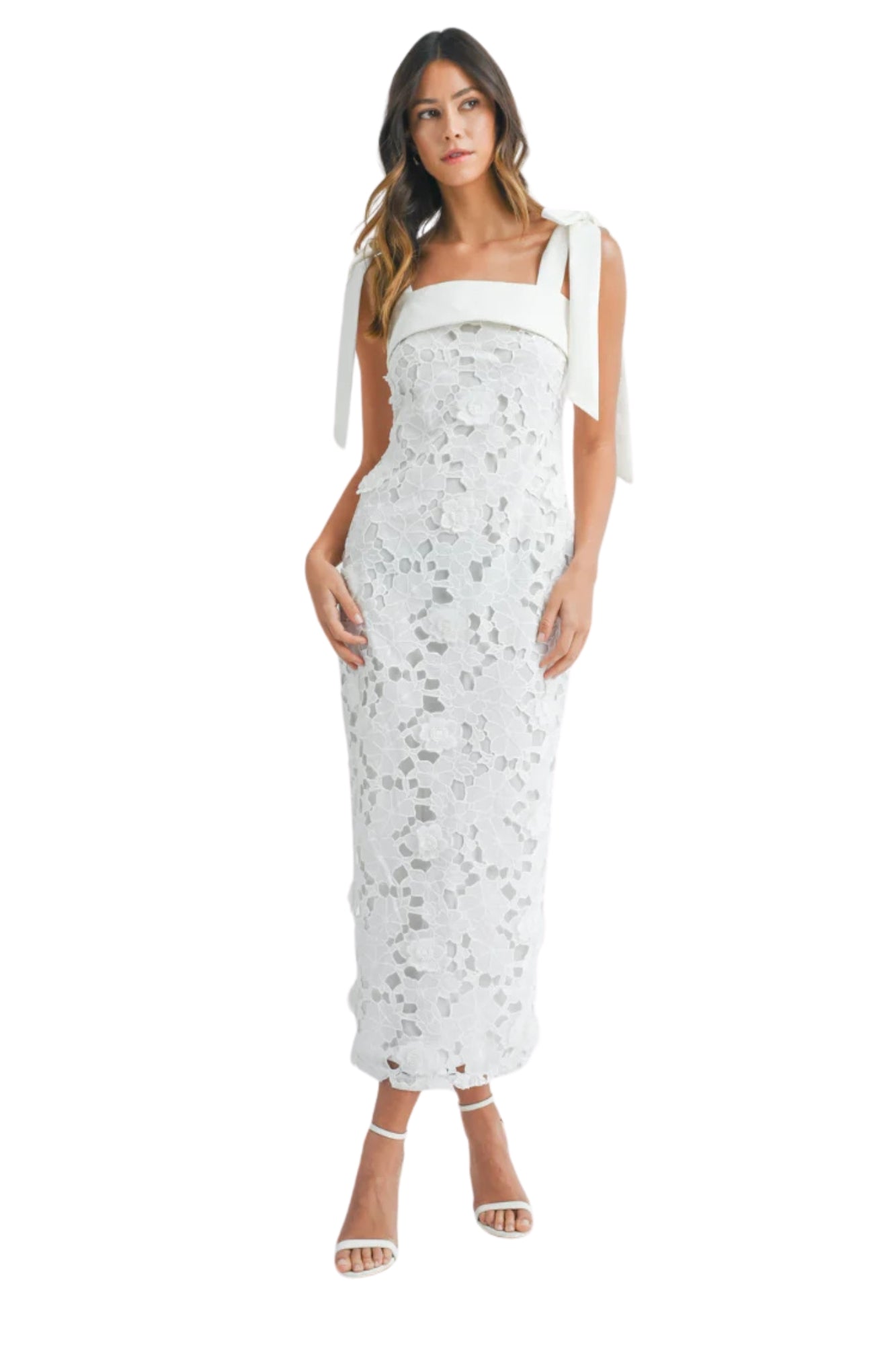 SHOULDER STRAP LACE FLORAL MIDI DRESS