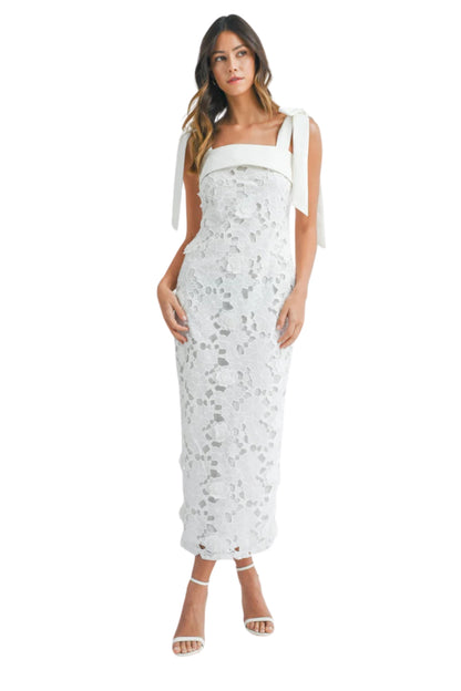SHOULDER STRAP LACE FLORAL MIDI DRESS