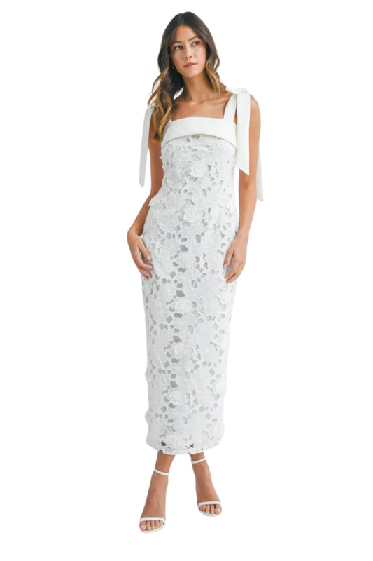 SHOULDER STRAP LACE FLORAL MIDI DRESS