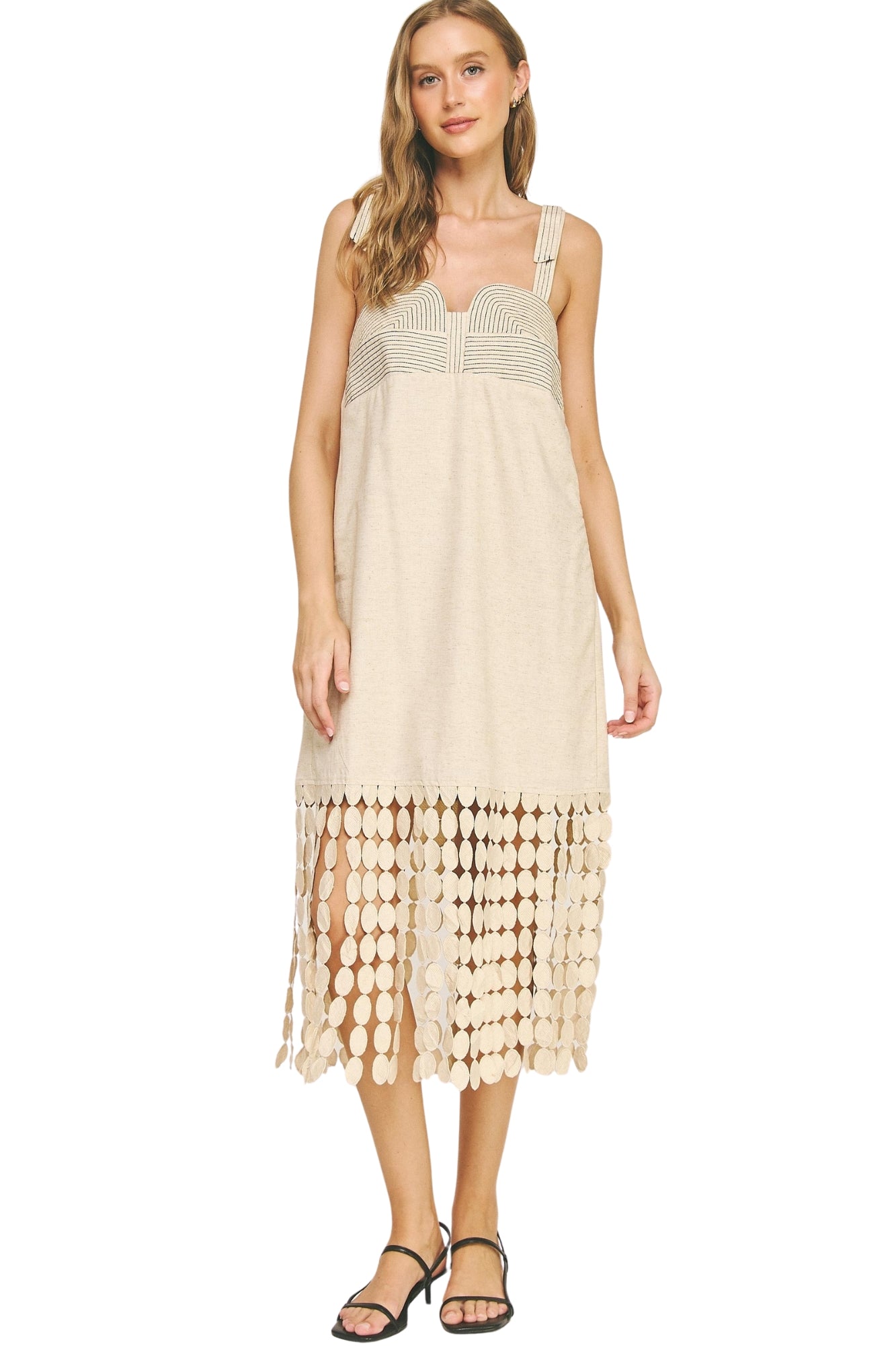 DOTTED LACE FRINGE LINEN MIDI DRESS