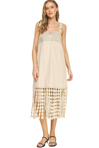 DOTTED LACE FRINGE LINEN MIDI DRESS