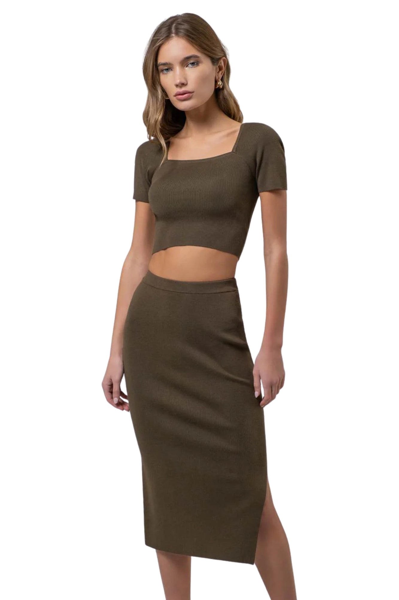SQUARE NECK TOP & HIGH WAIST MIDI SKIRT SET - OLIVE
