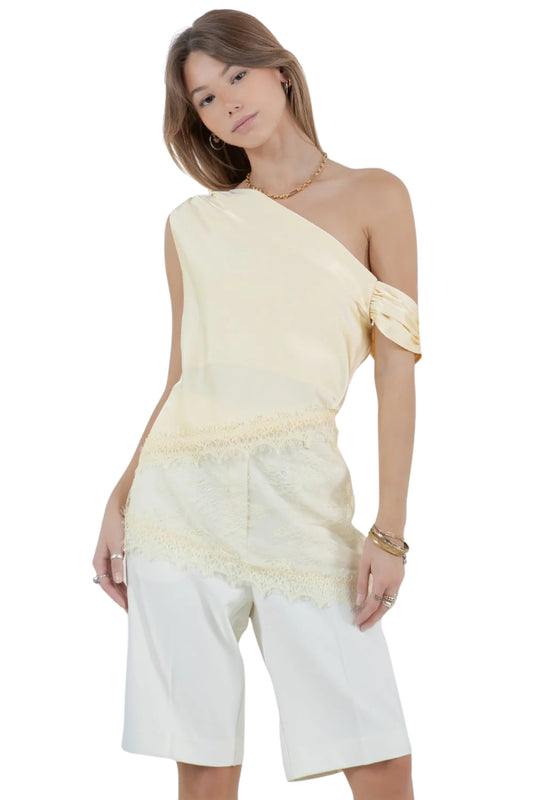 ASYMMETRICAL ONE SHOULDER SATIN LACE MIX TOP