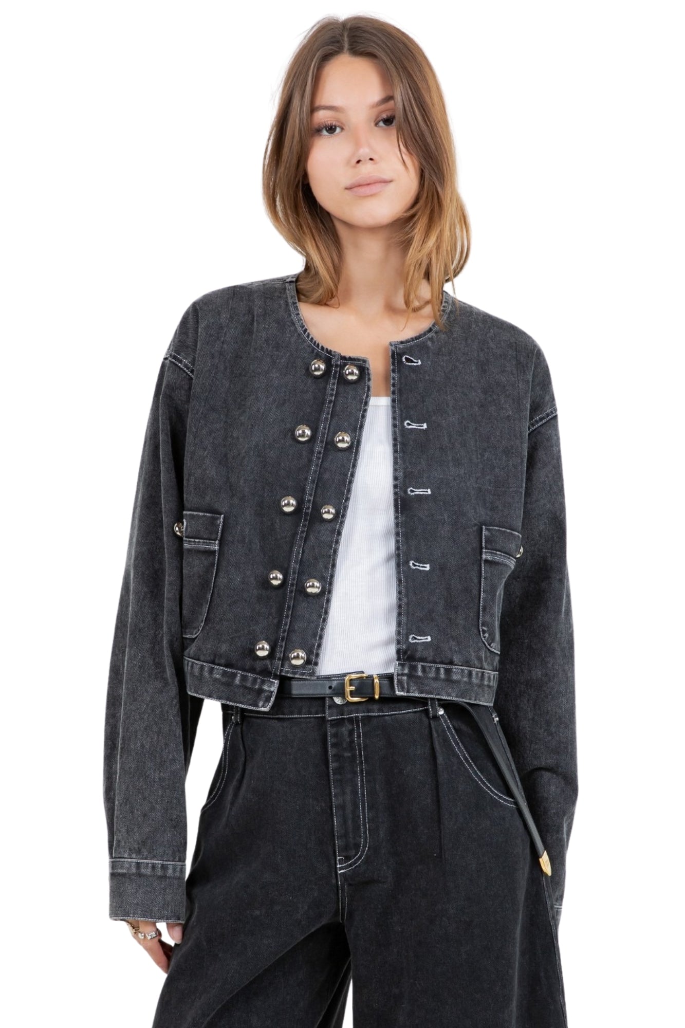 SOFT COTTON WASHED CROPPED JACKET & BARREL LEG PANTS