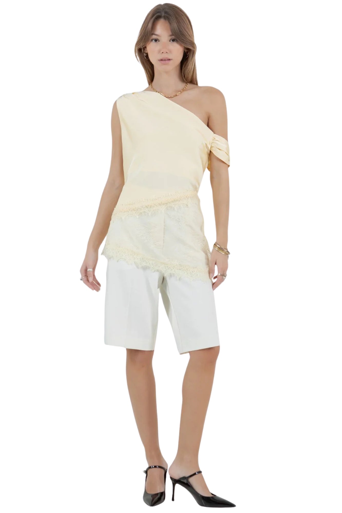 ASYMMETRICAL ONE SHOULDER SATIN LACE MIX TOP