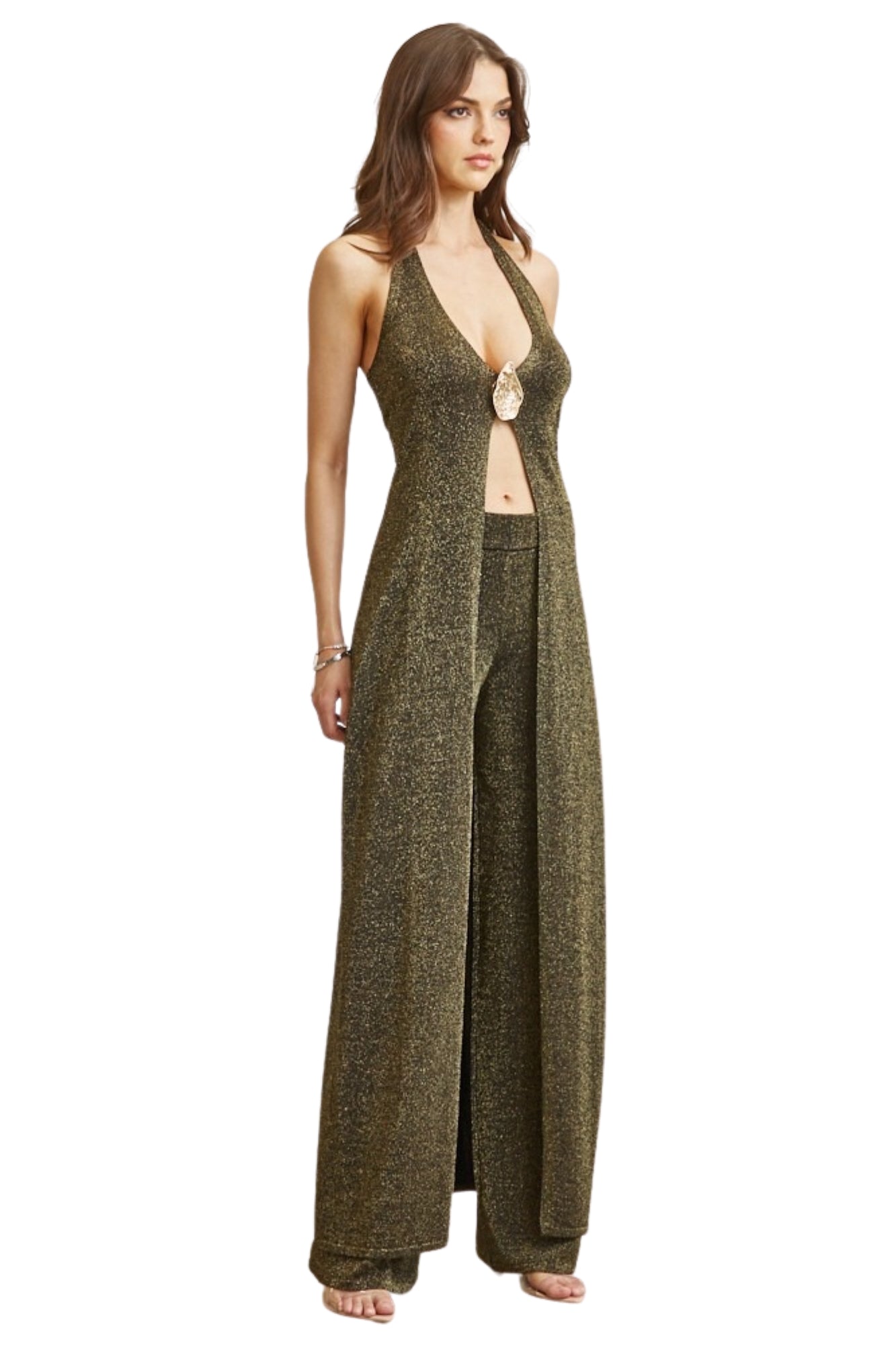 LUREX HALTER MAXI TOP & PANTS SET - BLACK/GOLD