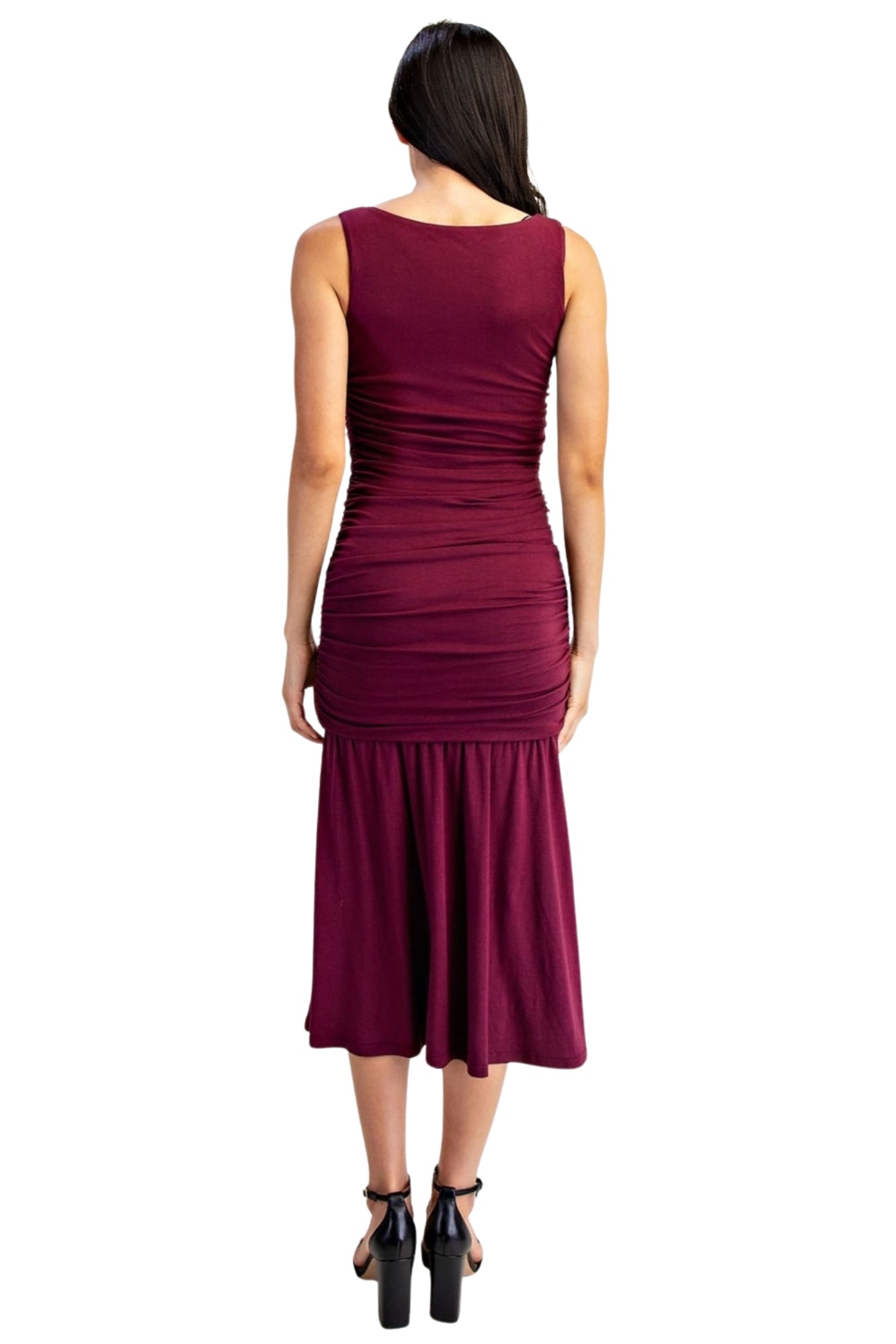 RIBBED KNIT SHIRRED MIDI DRESS