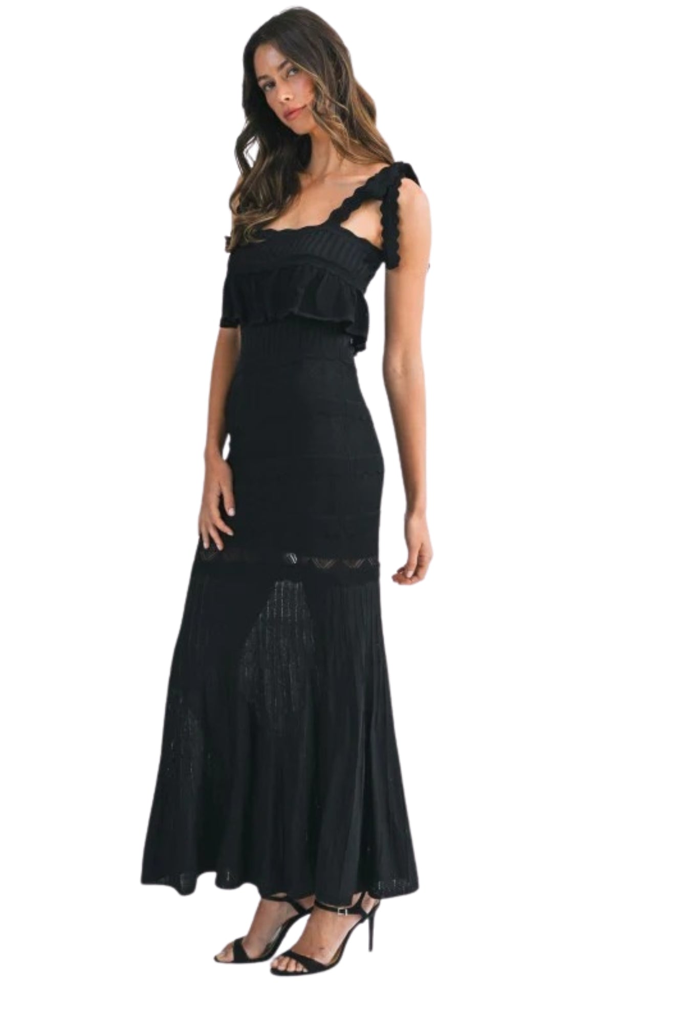 POINTELLE RUFFLE KNIT MAXI DRESS