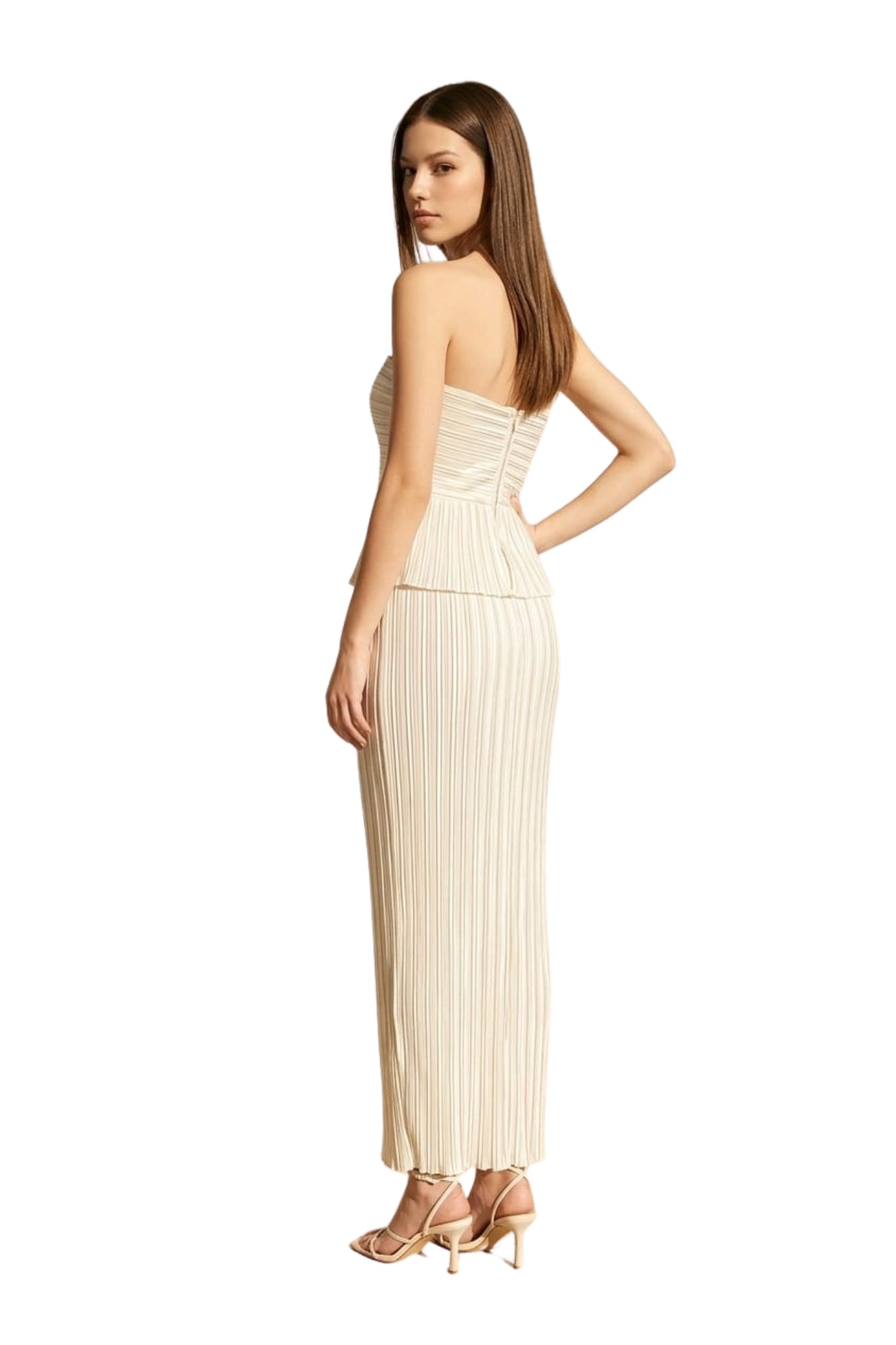 PLEATED SATIN STRAPLESS TOP & MAXI SKIRT SET