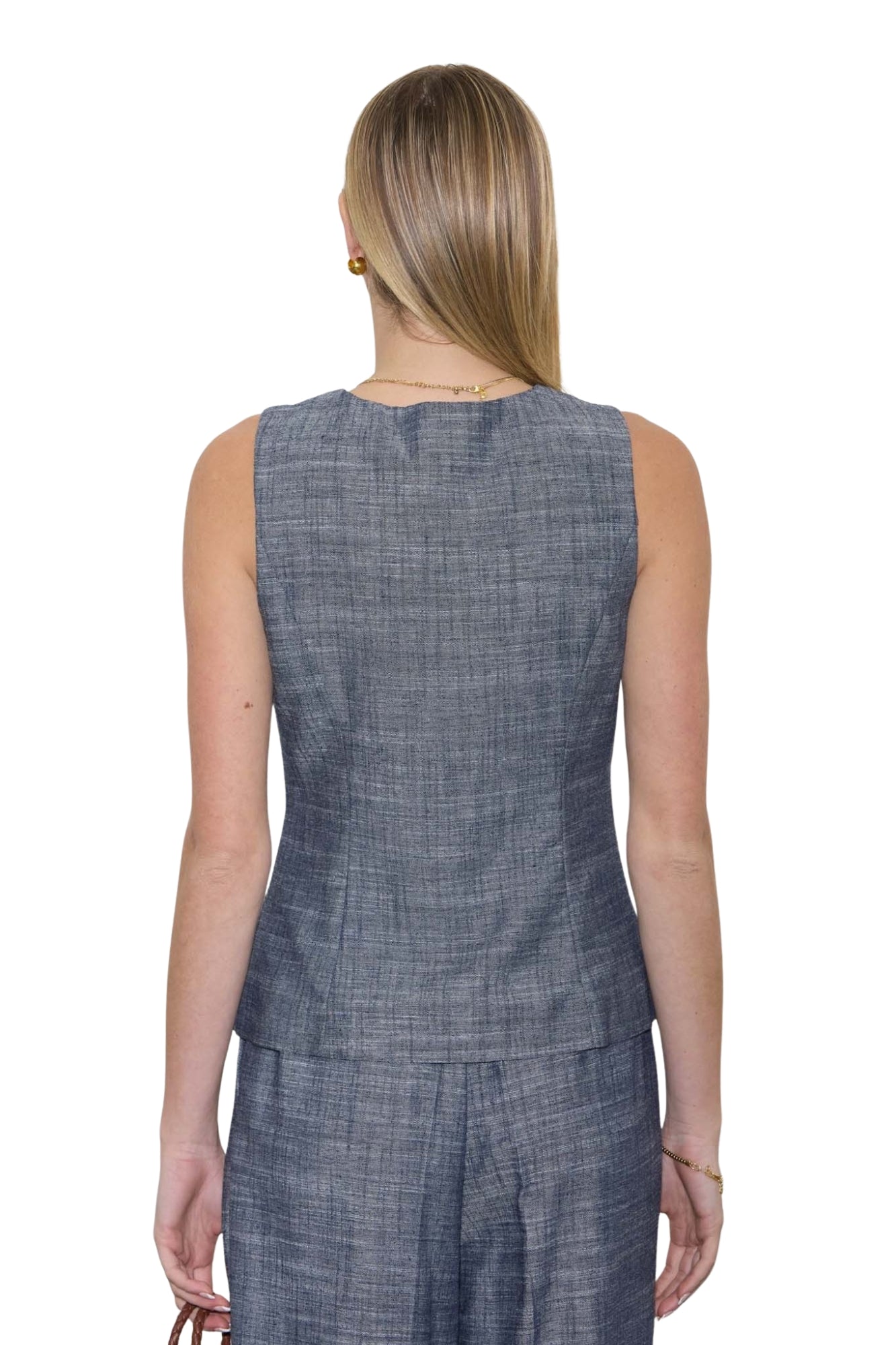 V-NECK VEST & STRAIGHT LEG PANTS LINEN SET - DENIM