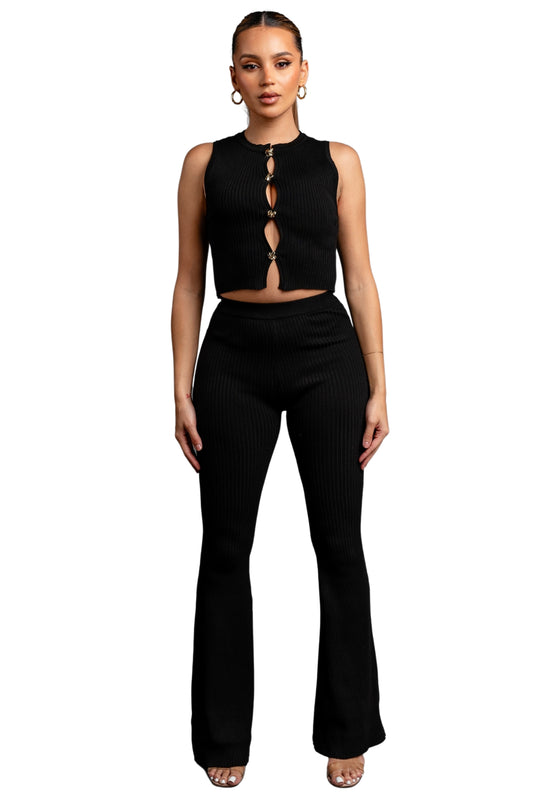 RIB CROPPED TOP & FLARE PANTS  SET