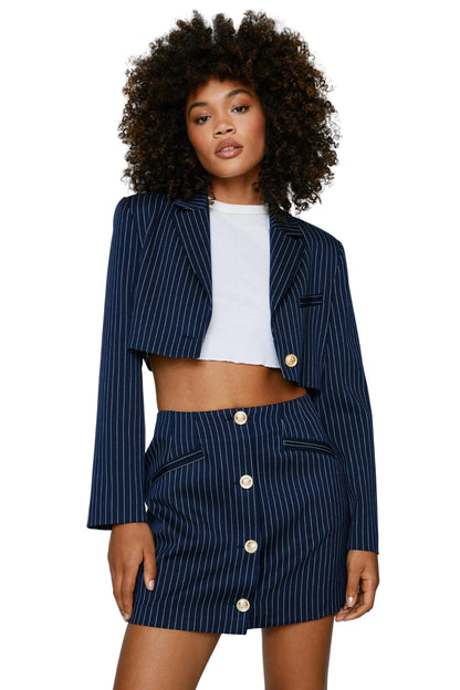 NAVY PINSTRIPE TAILORED MINI SKIRT