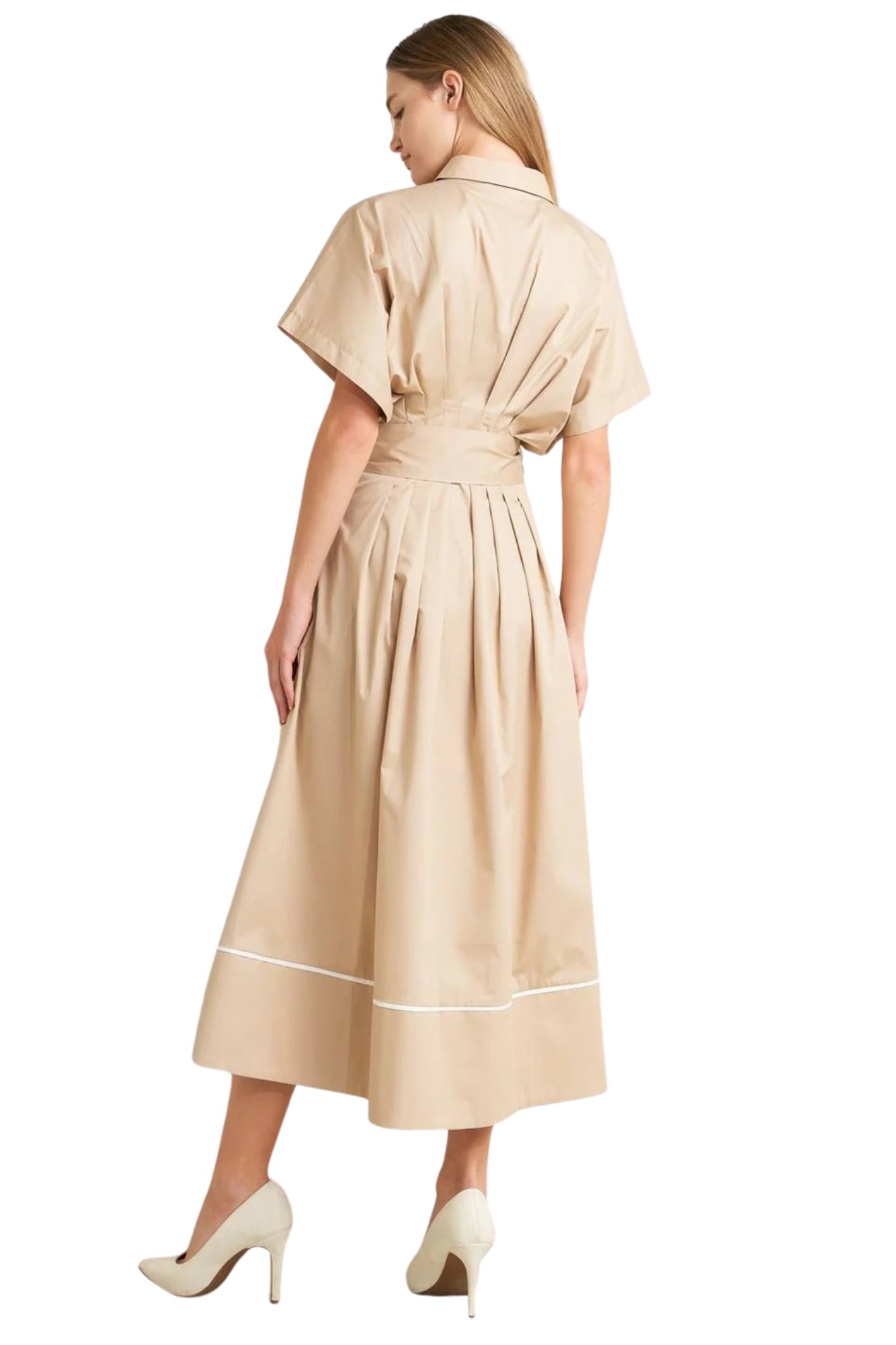 CATCH YOU LATER KHAKI WOVEN MIDI DRESS