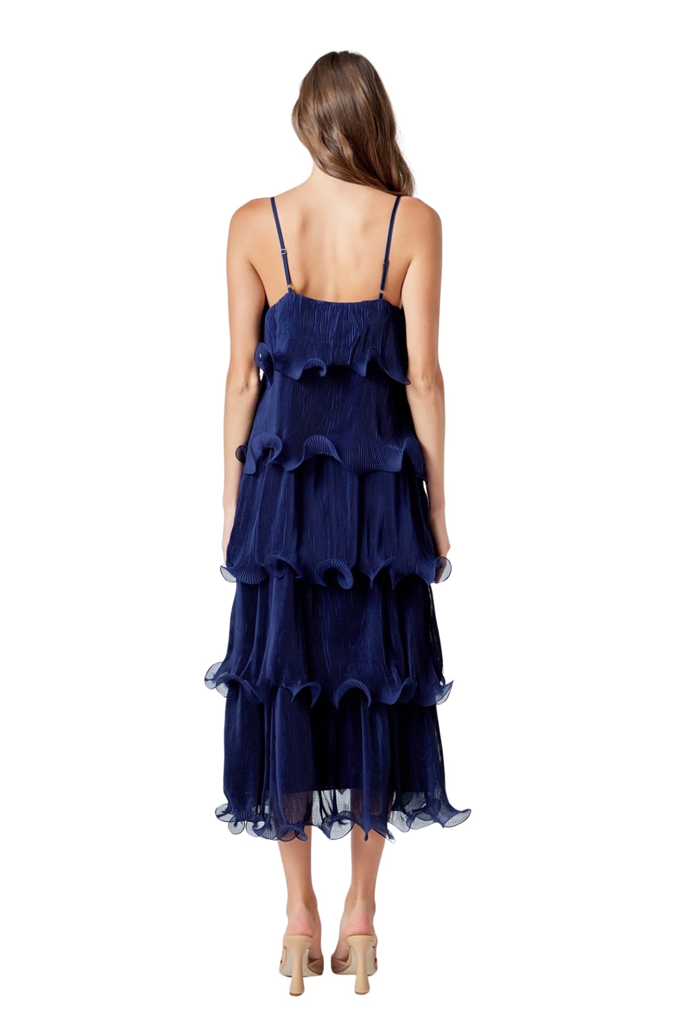 PLEATED TIERED MIDI DRESS