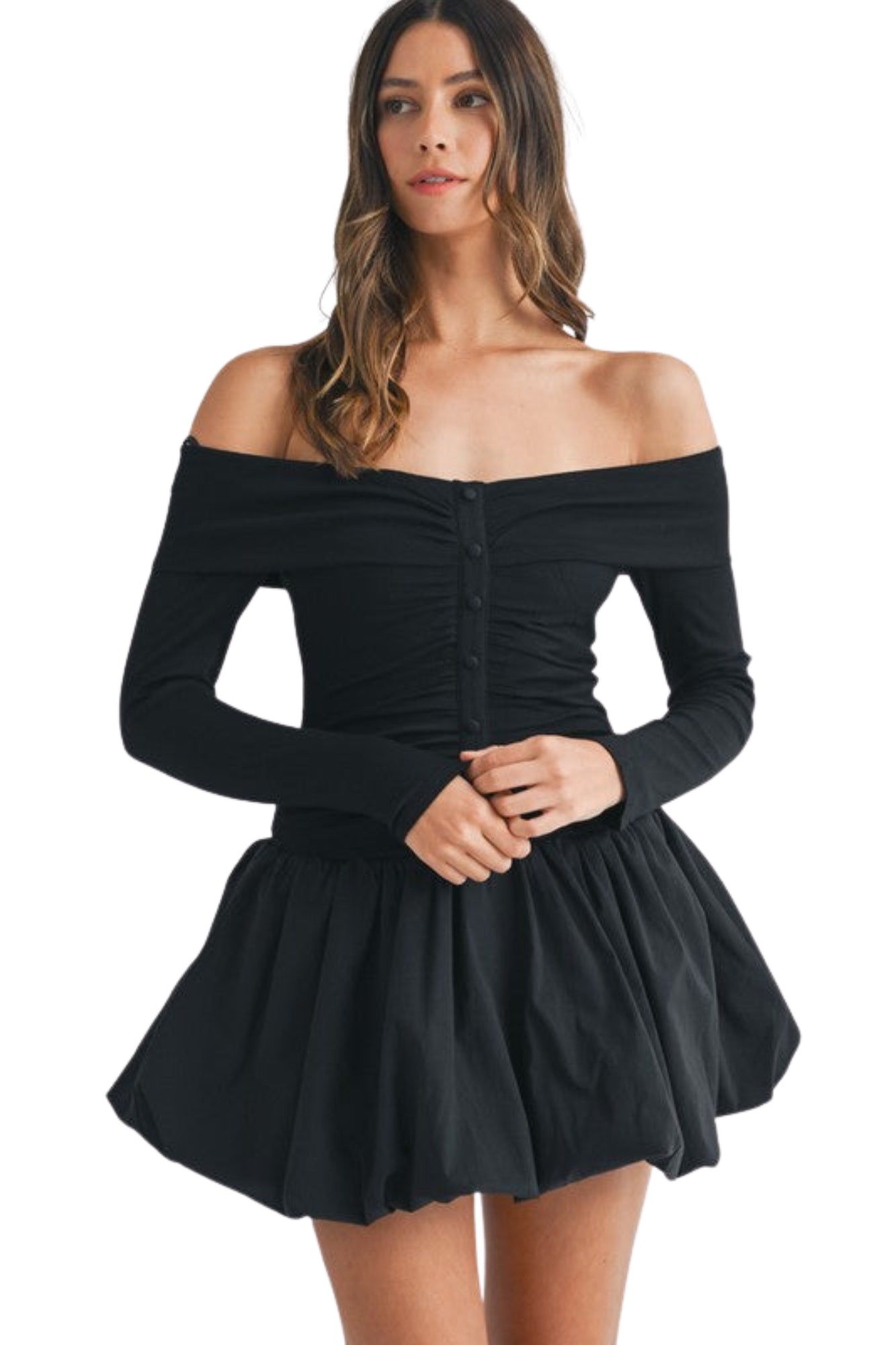 LONG SLEEVE BUBBLE HEM MINI DRESS