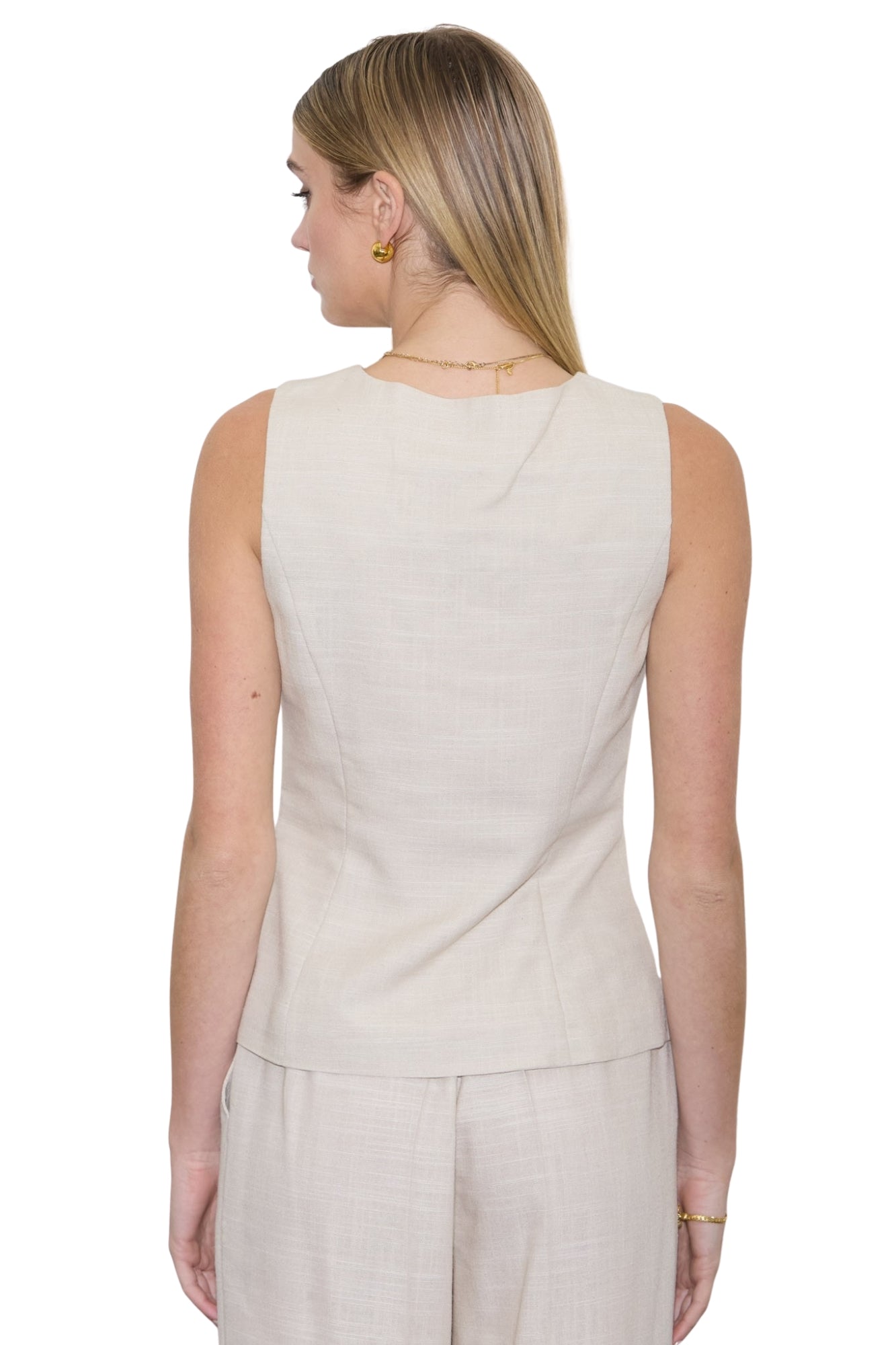 V-NECK VEST & STRAIGHT LEG PANTS LINEN SET - LIGHT KHAKI