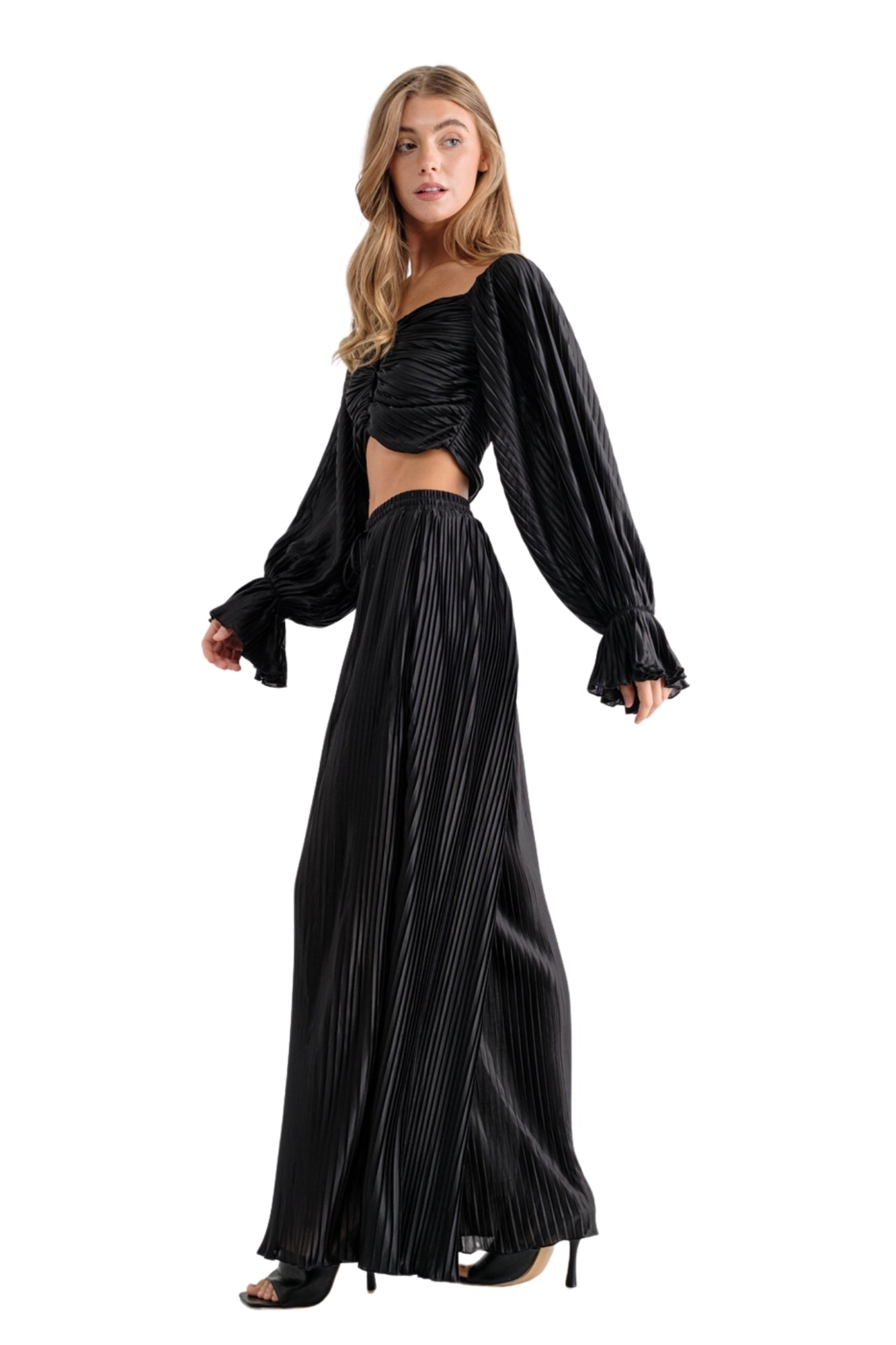 PLEATED BLOUSE WITH PANT SET - BLACK