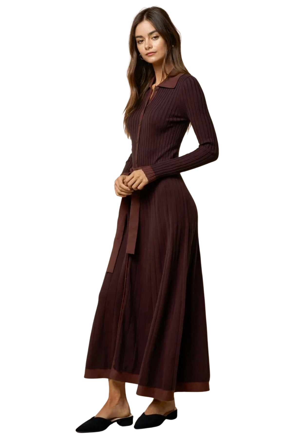 COLLARED BELTED RIBBED KNIT MIDI DRESS