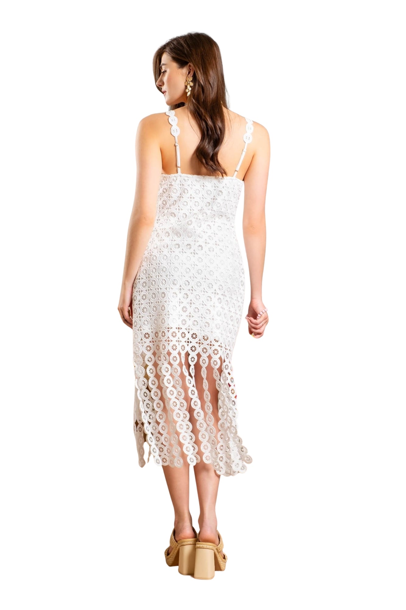 EYELET LACE FRINGE MIDI DRESS