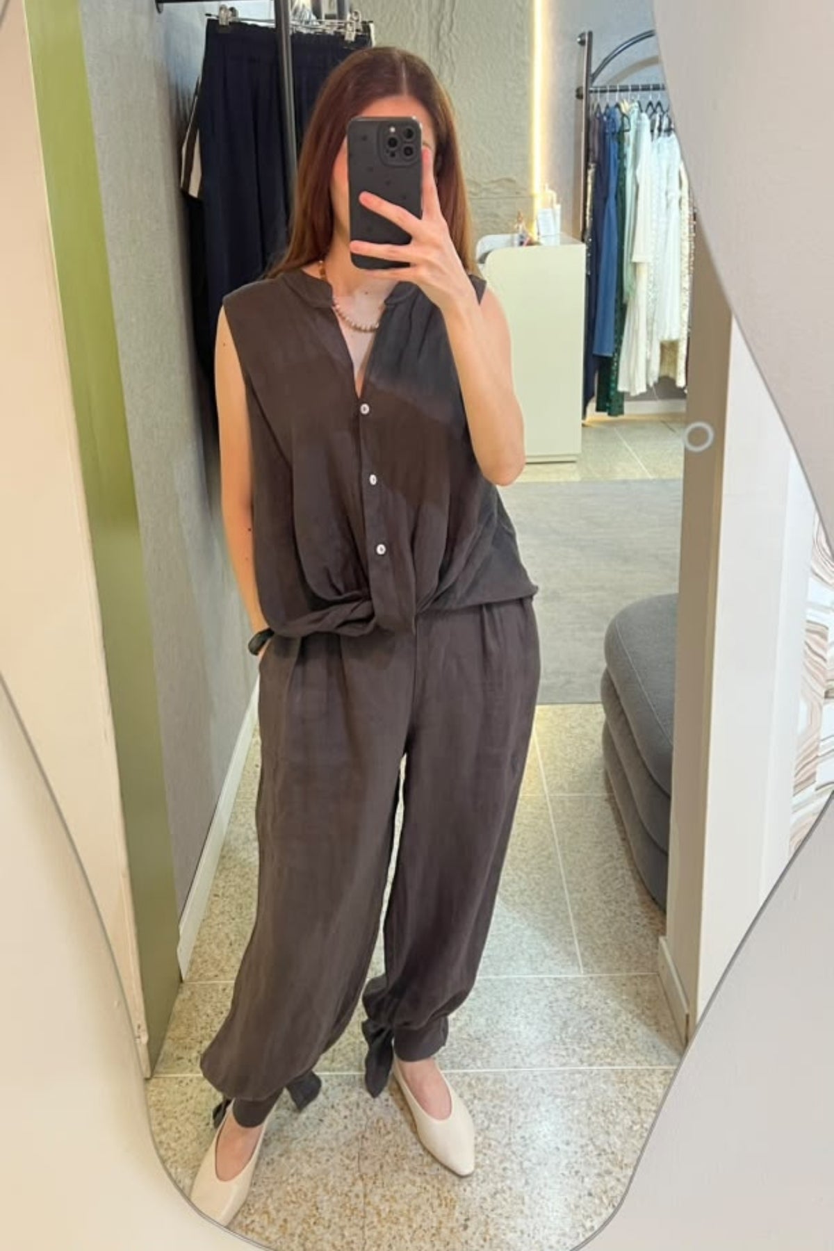 LINEN BOW PANTS SET - BROWN