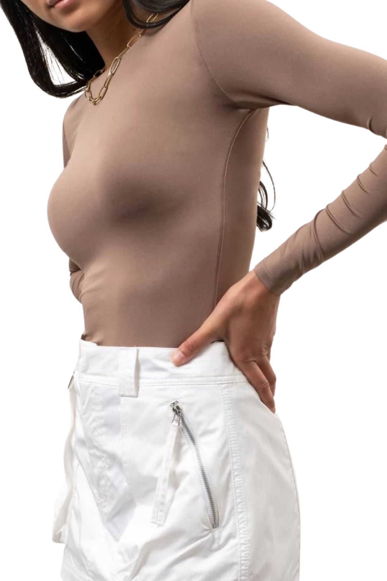 ROUND NECK LONG SLEEVE FITTED KNIT TOP - DEEP TAUPE