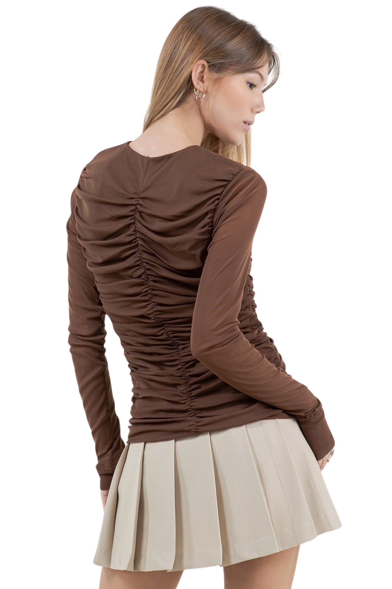 MULTI SHIRRING SOFT STRETCH MESH TOP