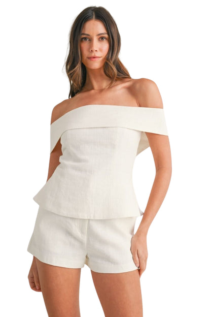 LINEN OFF SHOULDER TUNIC TOP & SHORTS SET