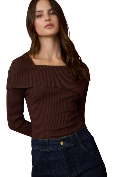 ASYMMETRICAL FOLD OVER SWEATER - BROWN