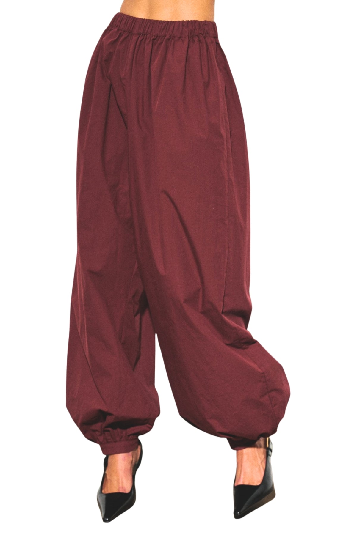 WOVEN DRAPED BALLOON HAREM PANTS - BURGUNDY
