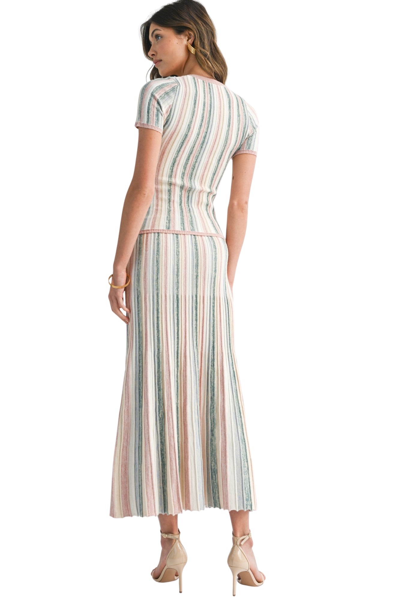 PASTEL STRIPE RIBBED KNIT TOP & MAXI SKIRT SET