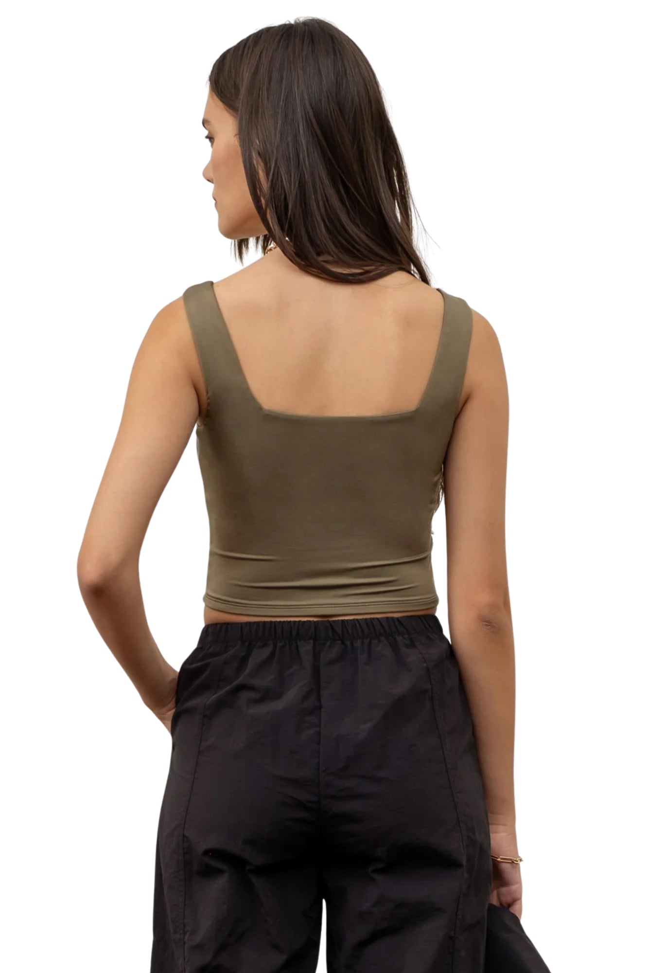 REVERSIBLE CROPPED SQUARE NECK TANK - LIGHT OLIVE