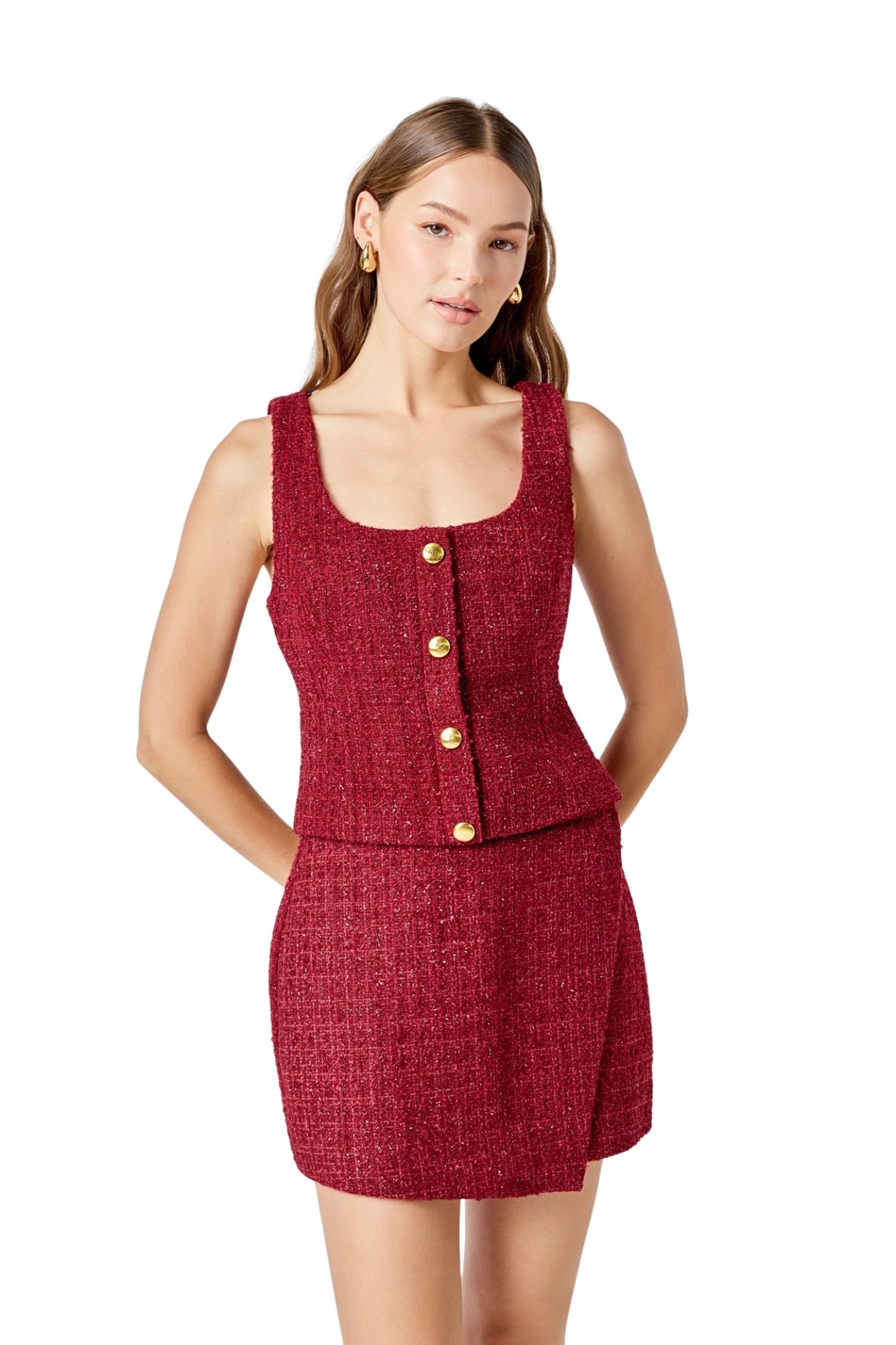 TWEED SCOOP NECK BUTTONED TOP & MINI SKIRT SET