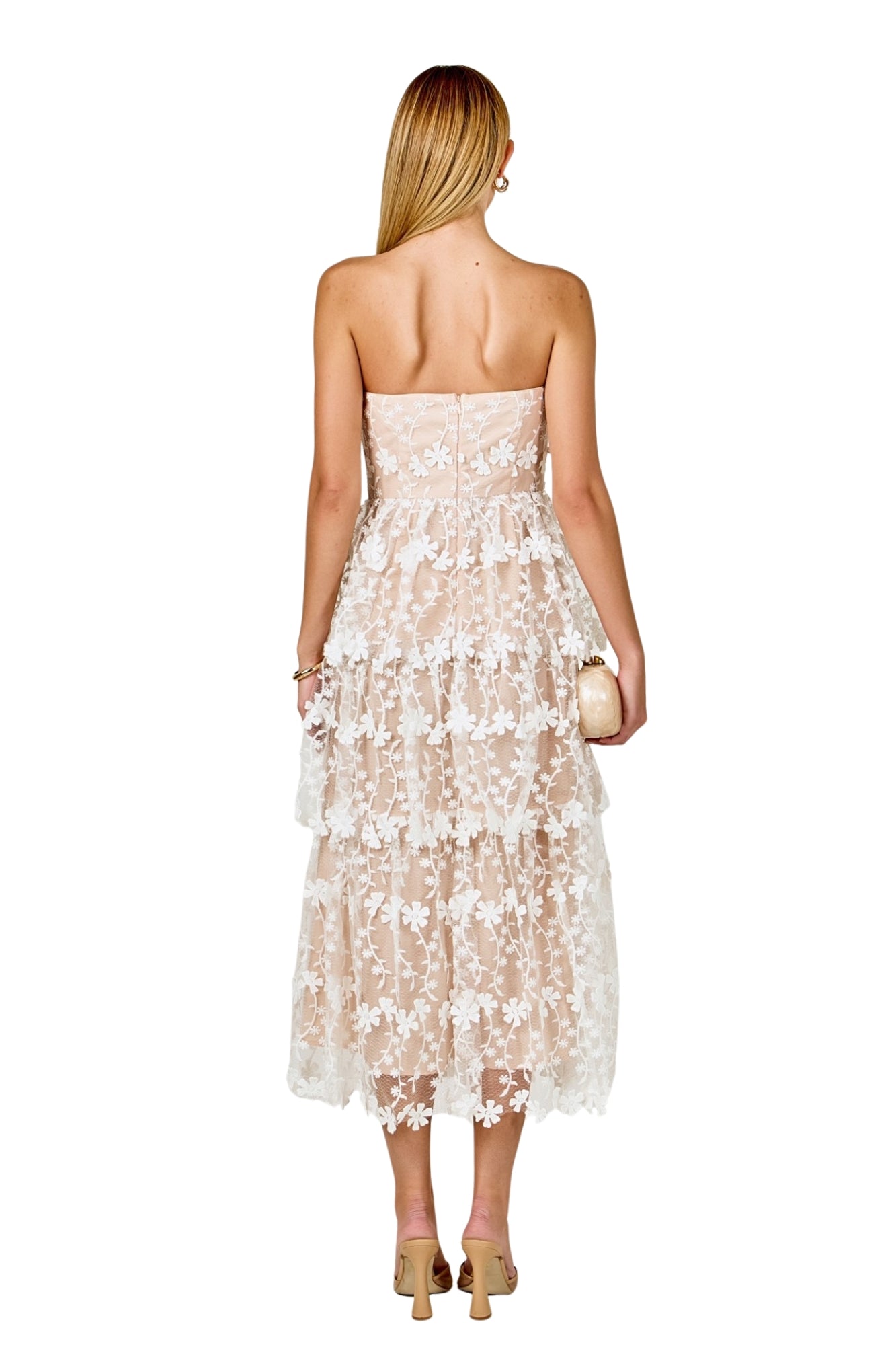 STRAPLESS CROCHET LAYERED MIDI DRESS